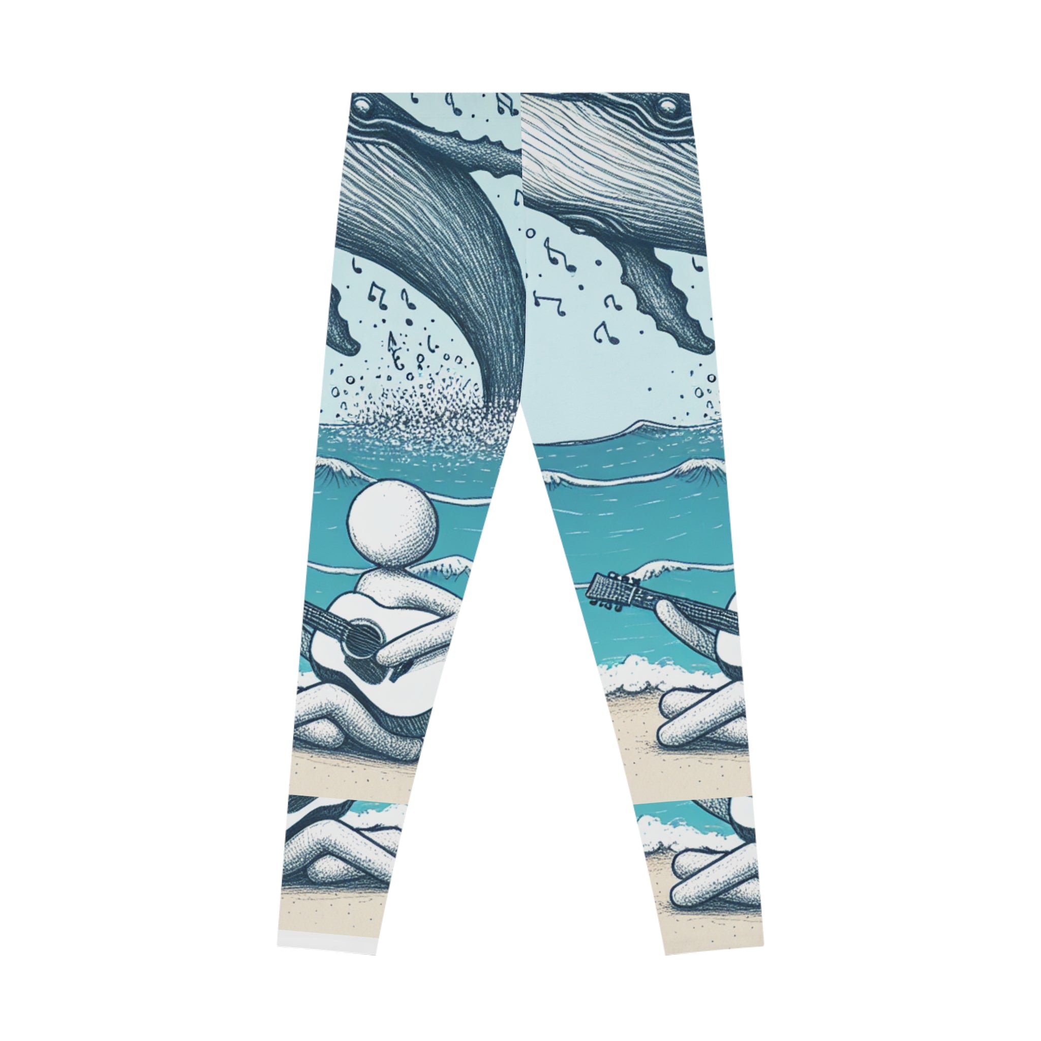 Whimsical Beach Vibes Stretchy Leggings stick figure with Music Design of sounds of the sea