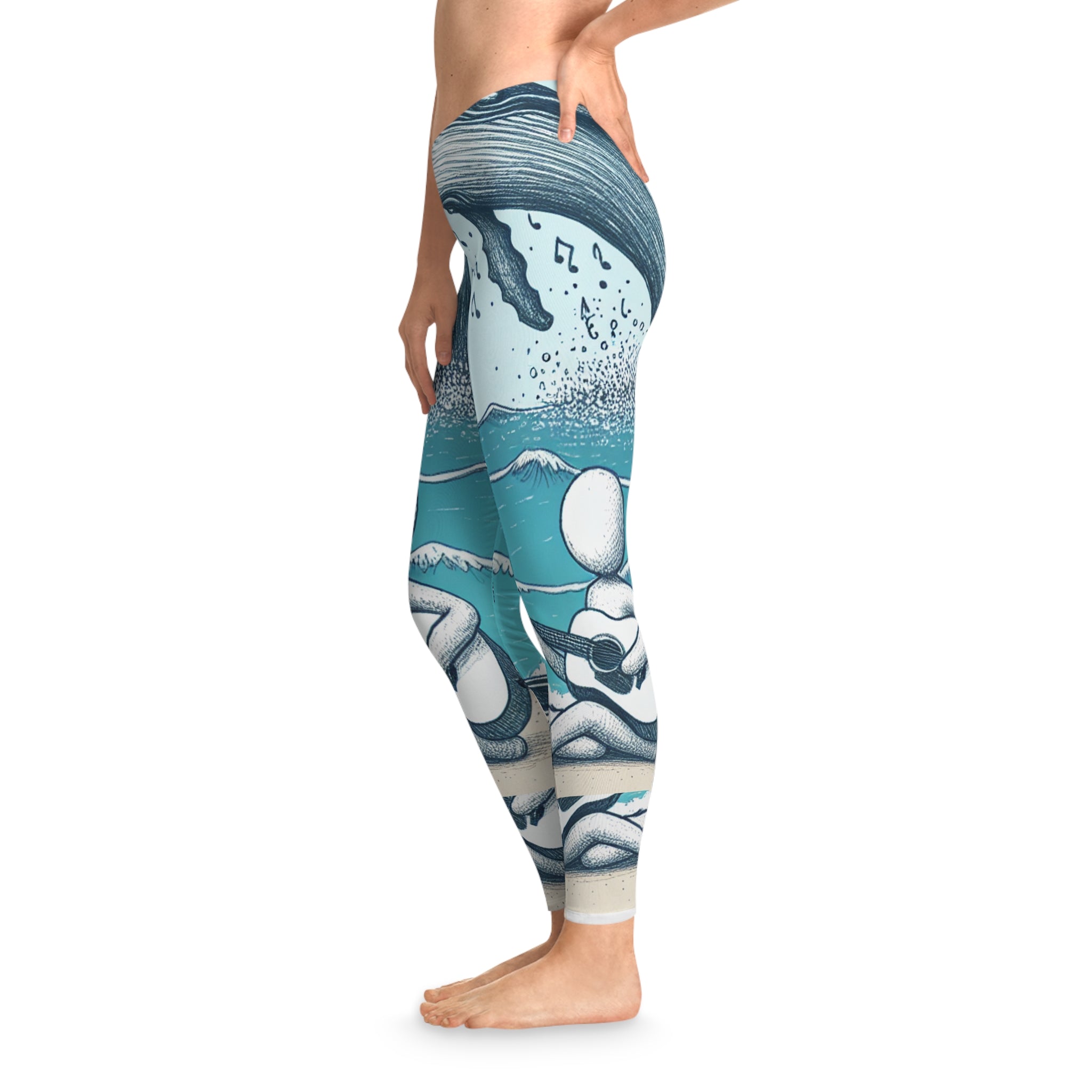 Whimsical Beach Vibes Stretchy Leggings stick figure with Music Design of sounds of the sea