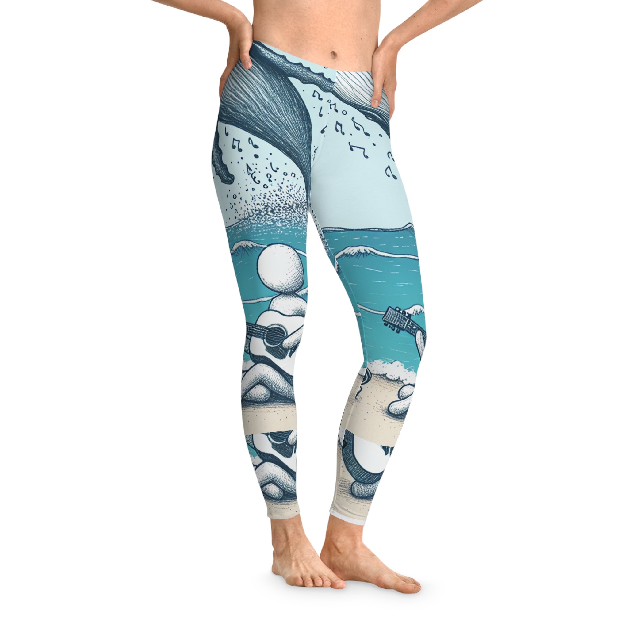 Whimsical Beach Vibes Stretchy Leggings stick figure with Music Design of sounds of the sea