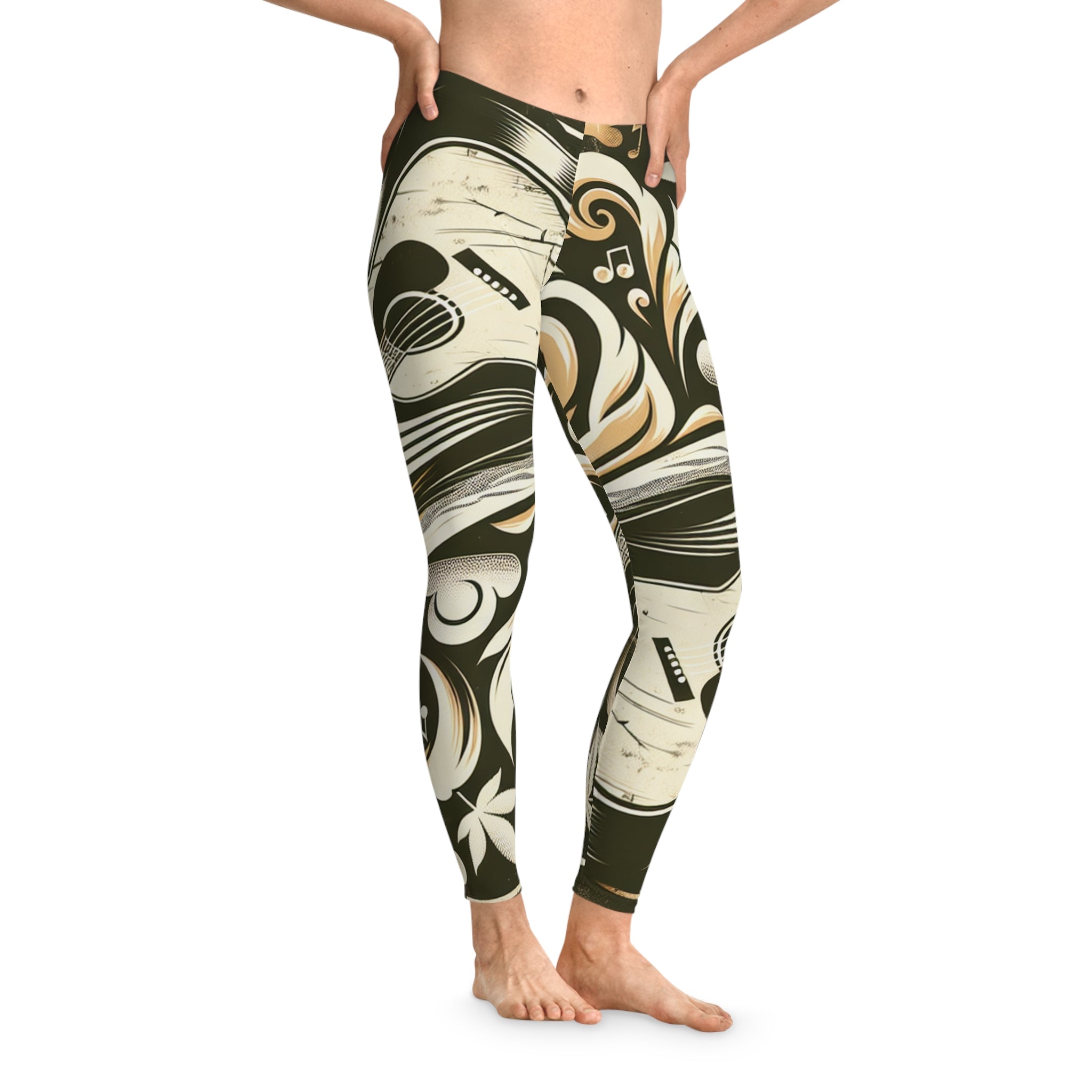 Musical Vibe Stretchy Leggings - Guitar and Floral Design for Music Lovers