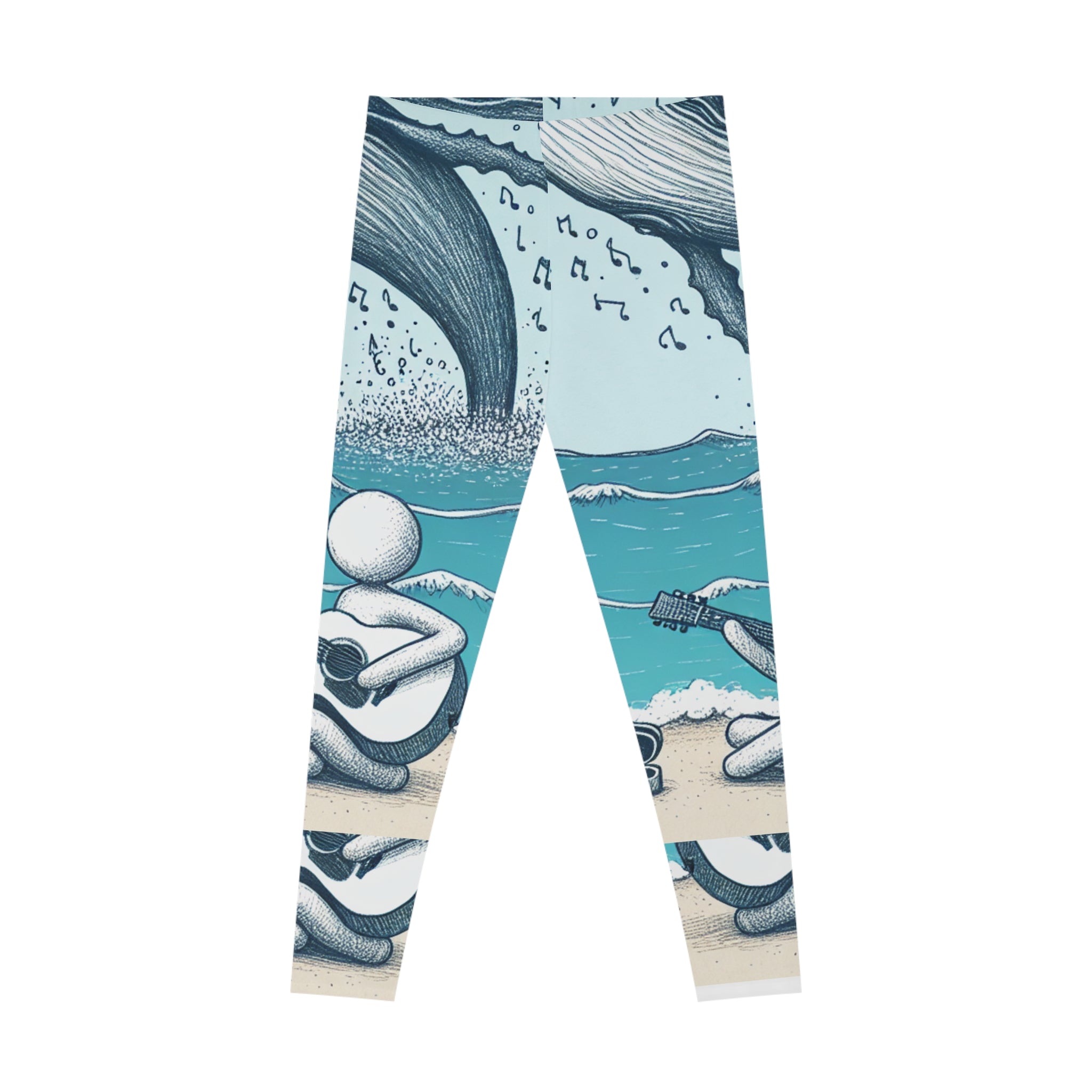 Whimsical Beach Vibes Stretchy Leggings stick figure with Music Design of sounds of the sea