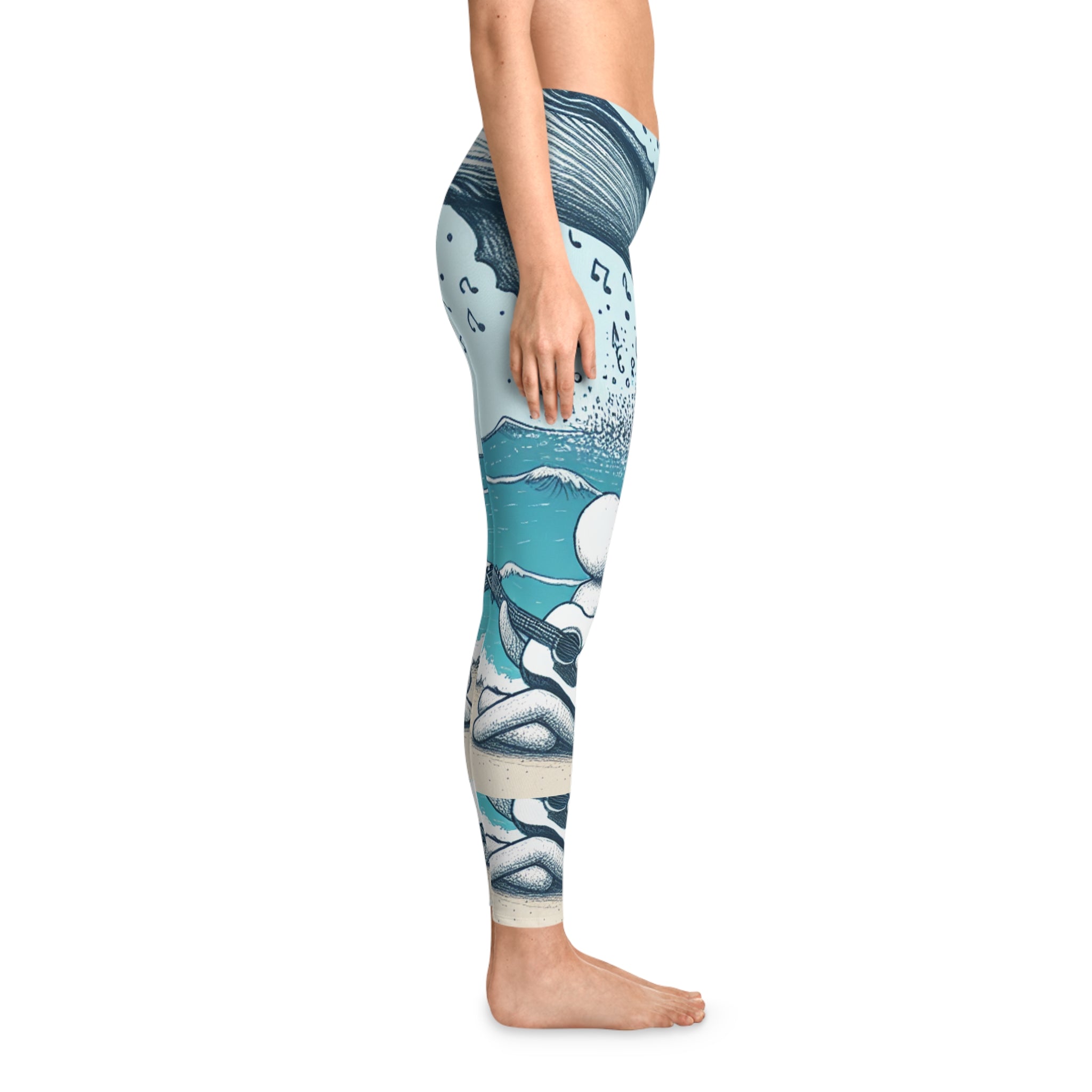 Whimsical Beach Vibes Stretchy Leggings stick figure with Music Design of sounds of the sea