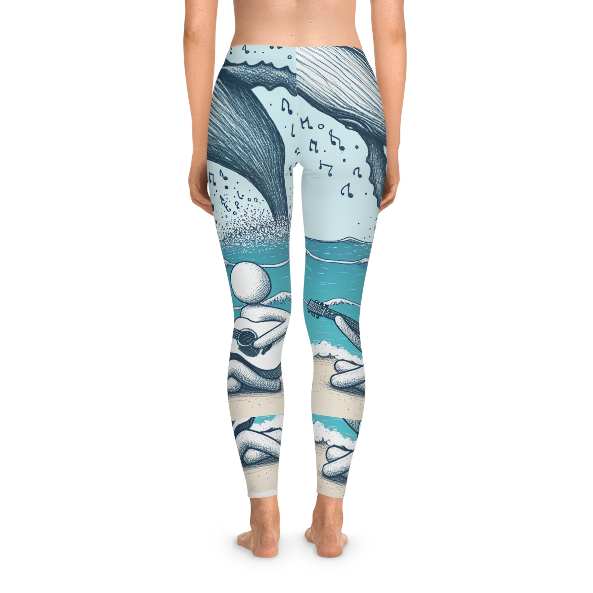 Whimsical Beach Vibes Stretchy Leggings stick figure with Music Design of sounds of the sea