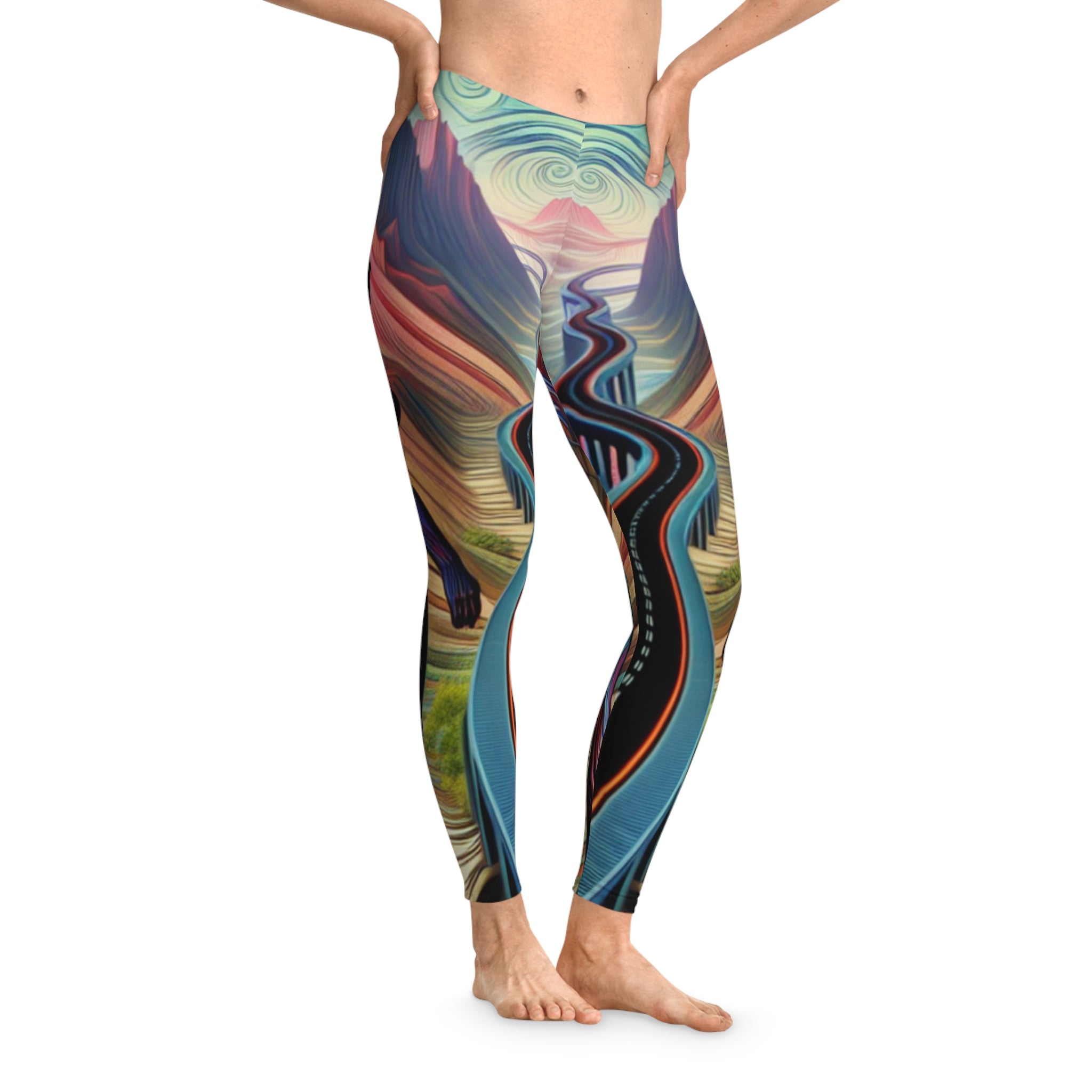 Vibrant Road Trip Stretchy Leggings - Perfect for Fitness & Travel Enthusiasts Steep Grade Sharp Curves