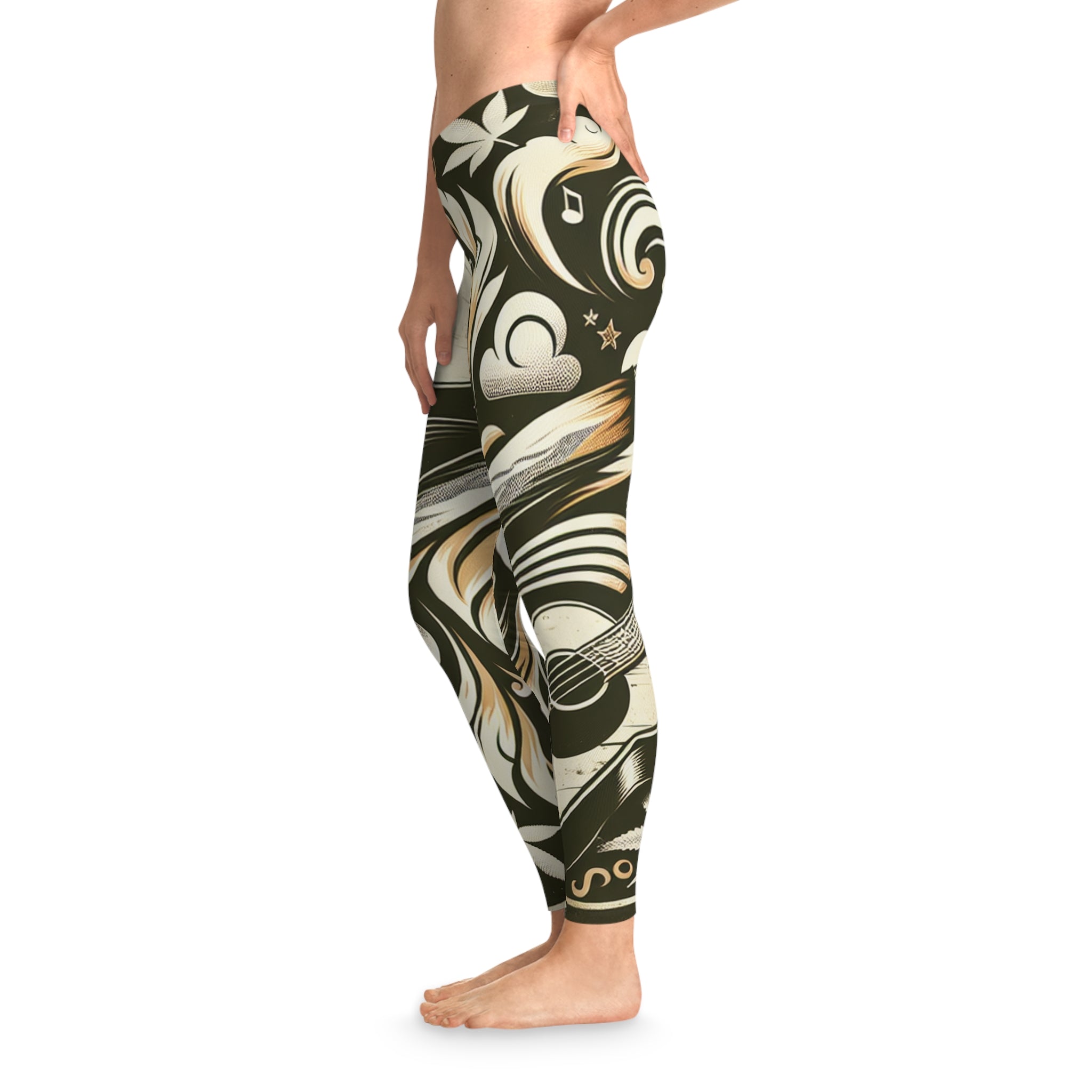 Musical Vibe Stretchy Leggings - Guitar and Floral Design for Music Lovers