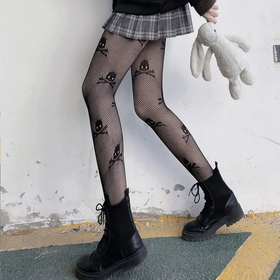 Gothic Tights Women Leggings Lolita Hollowed Out Mesh Body Stockings Japanese Bottomed Lace Pantyhose Skull Punk Black Hosiery