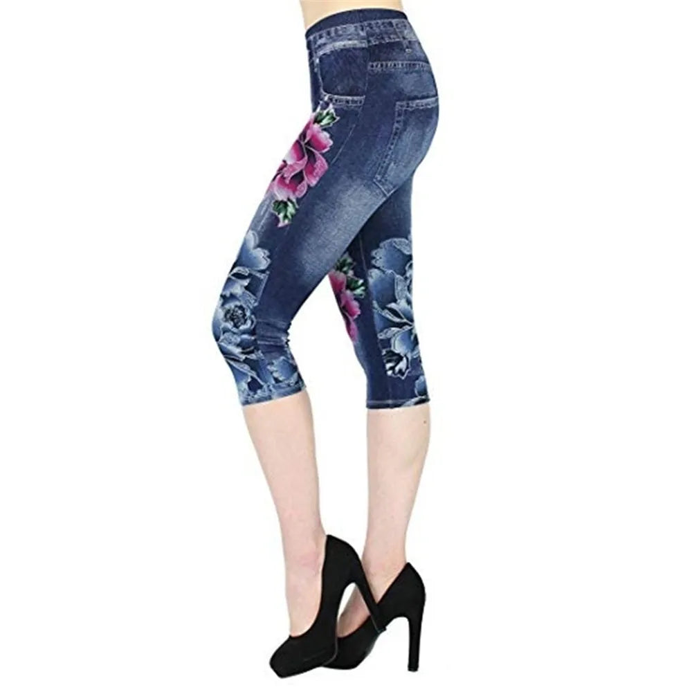 Women Plus Size Leggings Imitation Cropped Trousers 2024 New Mock Pocket Pants Slim Jeggings Denim Skinny