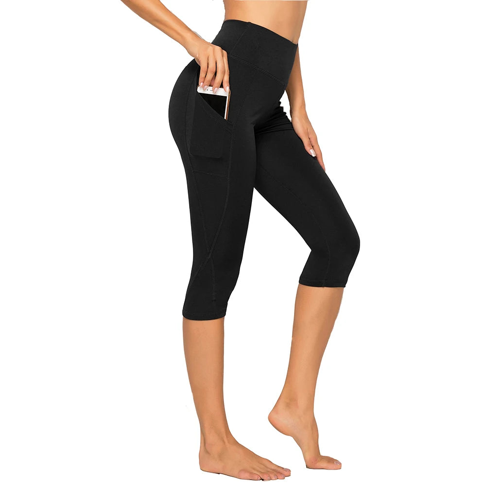 3/4 Sport Pants Women Pockets Capris Pant Female Leggings Women Fitness Gym High Waist Leggins Black Cropped Leggings Summer New