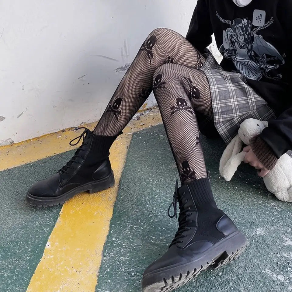 Gothic Tights Women Leggings Lolita Hollowed Out Mesh Body Stockings Japanese Bottomed Lace Pantyhose Skull Punk Black Hosiery