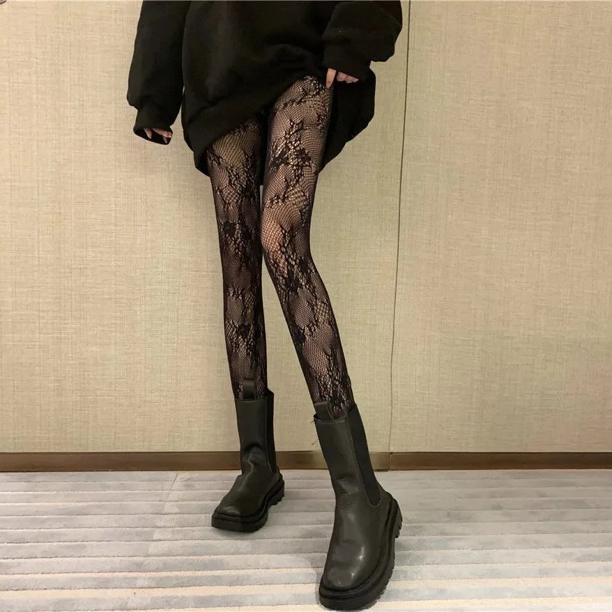 Gothic Fishnet Stockings Lolita Mesh Tights for Women Netting Stockings Y2k Pantyhose with Flower Pattern Leggings Sexy Lingerie