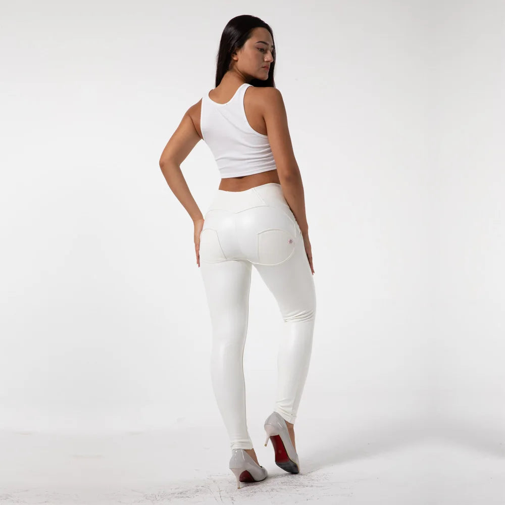 Shascullfites Melody Skinny White PU Leather Leggings Women Slim Long Pencil Pants High Waist Stretch Leggings