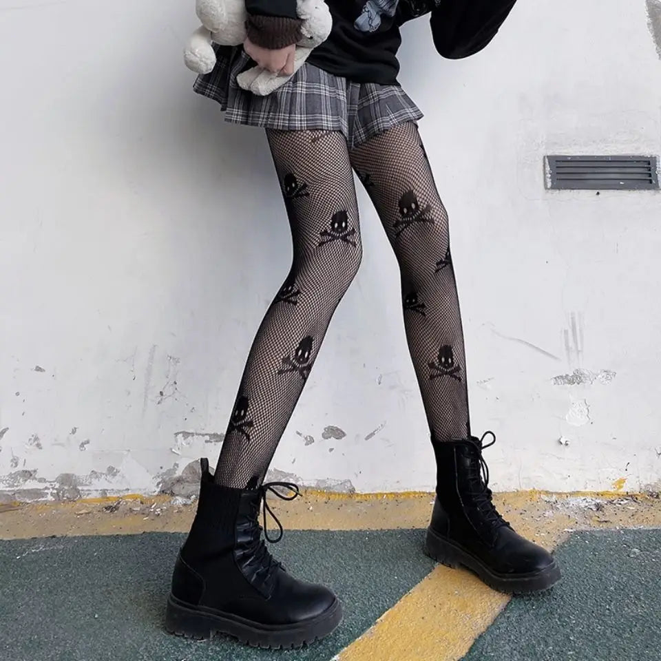 Gothic Tights Women Leggings Lolita Hollowed Out Mesh Body Stockings Japanese Bottomed Lace Pantyhose Skull Punk Black Hosiery