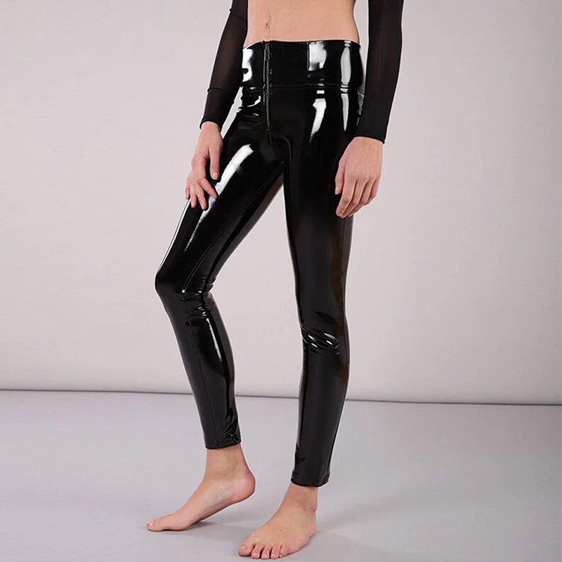 Shiny Patent Leather Pencil Pants Women High Waist Seamless Bodycon Legging PVC Leather Zip Slim Stretch Pants Nightclub Custom