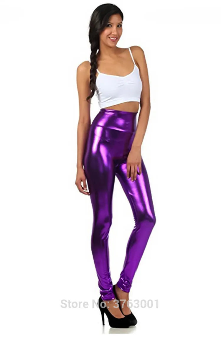 Women Look Wet Leggings Shiny Glossy Faux Leather Metallic Stretchy Sexy High Waist Tights Lady Dance Pant Bright Slim Plus Size