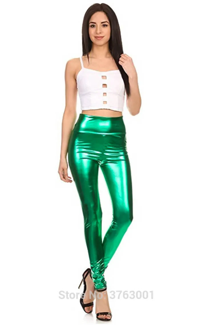 Women Look Wet Leggings Shiny Glossy Faux Leather Metallic Stretchy Sexy High Waist Tights Lady Dance Pant Bright Slim Plus Size