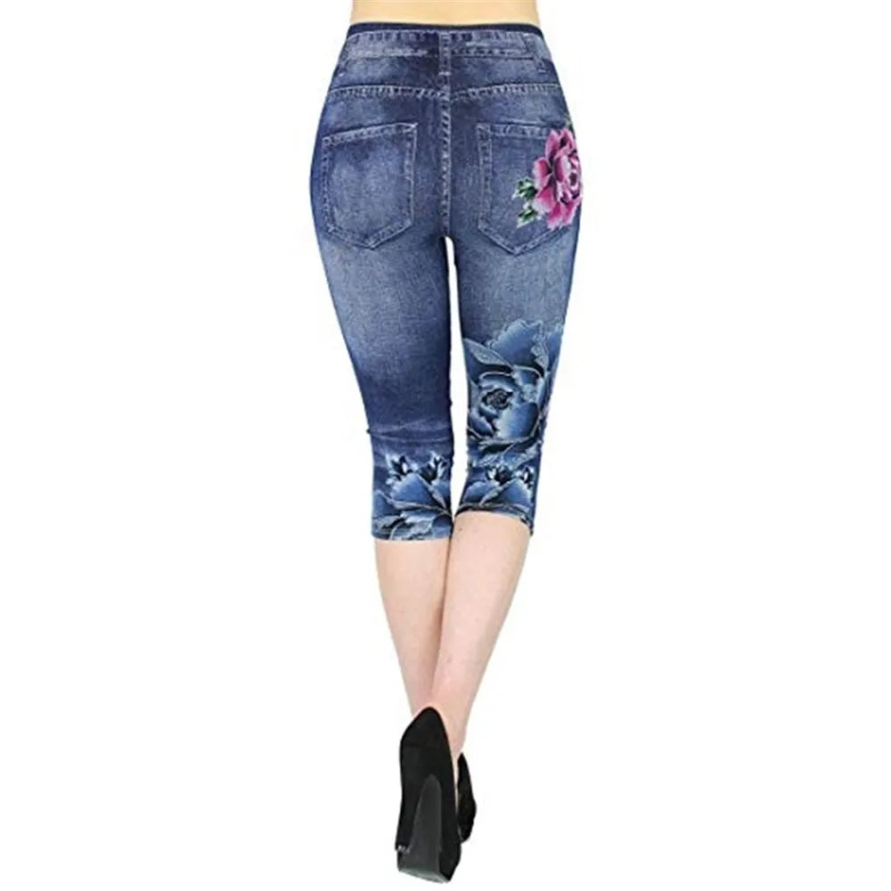 Women Plus Size Leggings Imitation Cropped Trousers 2024 New Mock Pocket Pants Slim Jeggings Denim Skinny