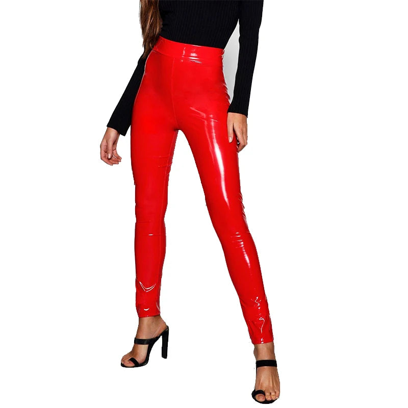 Sexy High Waist PU Leather Stretch Pencil Pants Women Zip Bodycon Trousers Ladies Shiny Latex Patent Leather Leggings New Custom