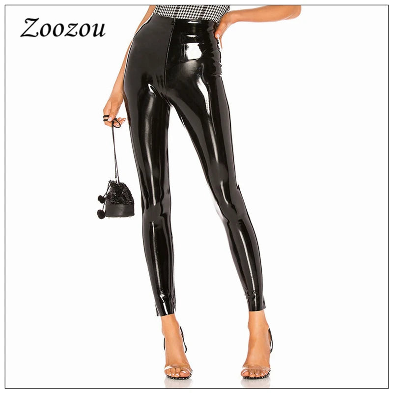 Sexy High Waist PU Leather Stretch Pencil Pants Women Zip Bodycon Trousers Ladies Shiny Latex Patent Leather Leggings New Custom