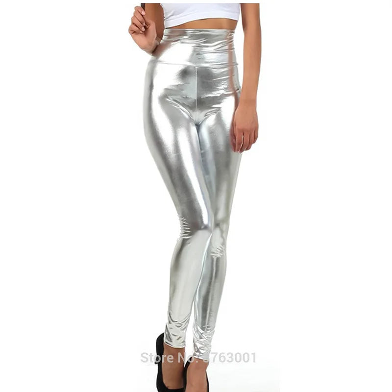 Women Look Wet Leggings Shiny Glossy Faux Leather Metallic Stretchy Sexy High Waist Tights Lady Dance Pant Bright Slim Plus Size