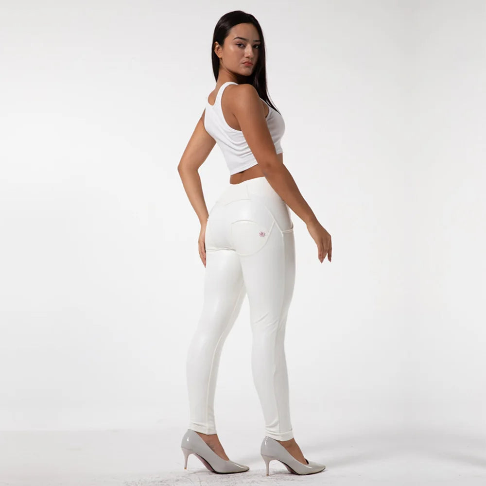 Shascullfites Melody Skinny White PU Leather Leggings Women Slim Long Pencil Pants High Waist Stretch Leggings