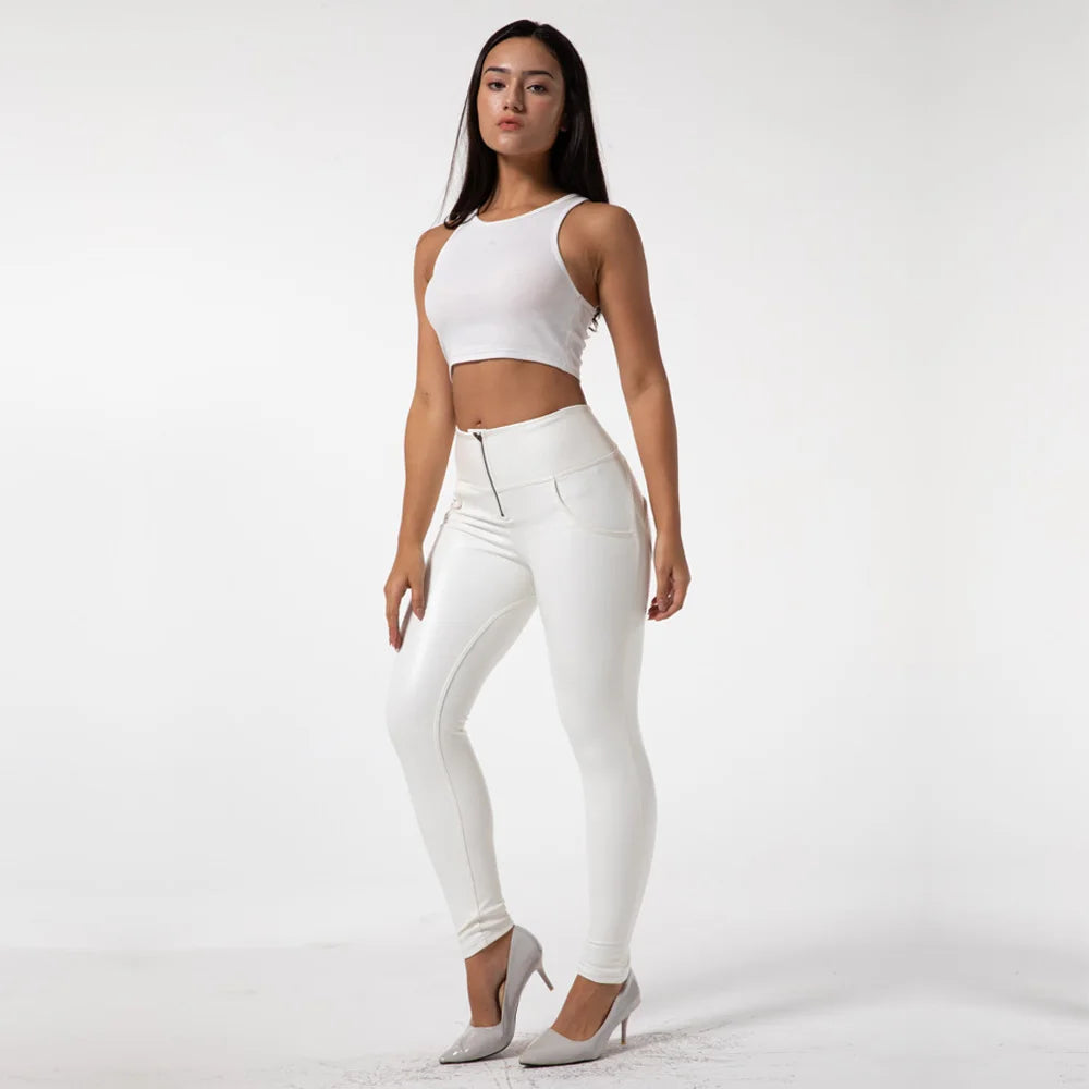 Shascullfites Melody Skinny White PU Leather Leggings Women Slim Long Pencil Pants High Waist Stretch Leggings