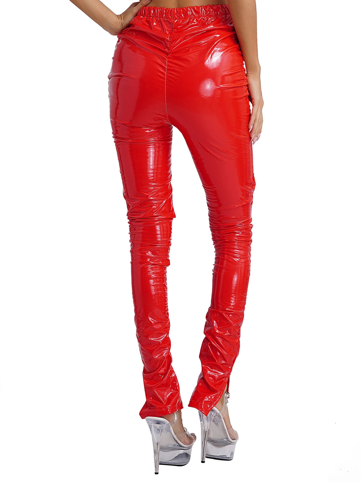 Womens Glossy PU Leather Long Pants High Waist Stacked Ruched Split Cuffs Tights Slim Fit Leggings for Nightclub Disco Dancing