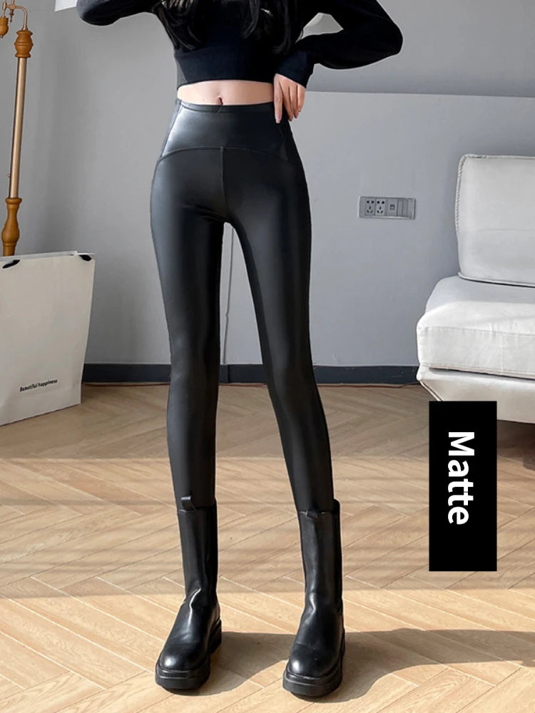 New Thin Fleece Pu Leather Leggings for Women Winter Autumn High Waist Pants Push Up Black Sexy Tights Stretch Fitness Leggings