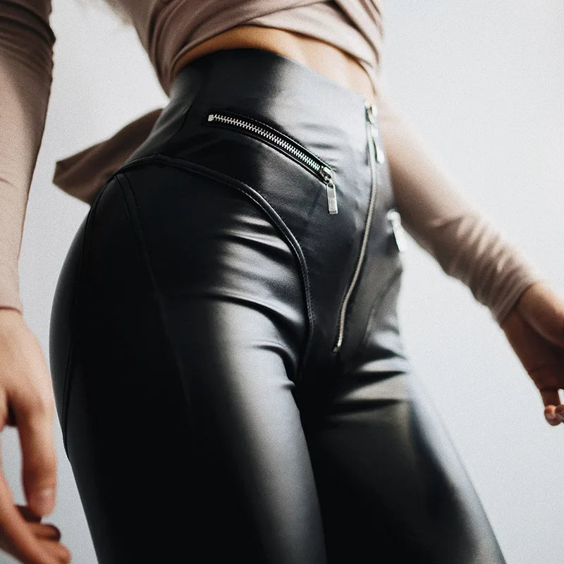 Gothic Pu Leather High Waist Straight Leather Pants Sexy Tight Hip Shape Legging Streetwear Zipper Patchwork Motorcycle Trousers