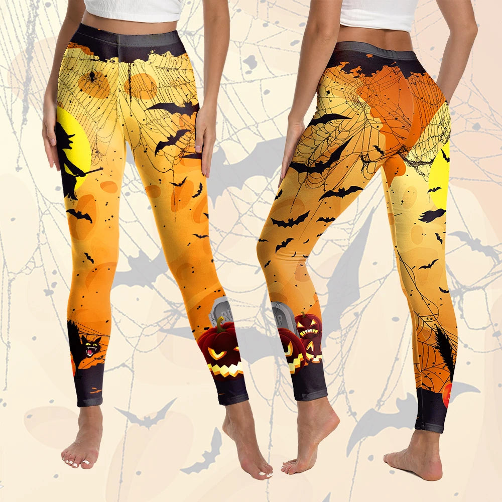 Color Cosplayer Halloween Legging for Women Pants Holiday Party Skinny Trousers Carnival Pumpkin Bat Pattern Cosplay Costume