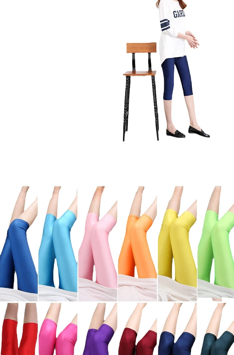 Women's Summer Fluorescent Color Slim Capri Leggings Shiny Stretch Tights Glossy Opaque Neon Leggings for Girls 50-80kg Weight