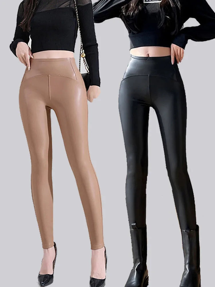 New Thin Fleece Pu Leather Leggings for Women Winter Autumn High Waist Pants Push Up Black Sexy Tights Stretch Fitness Leggings