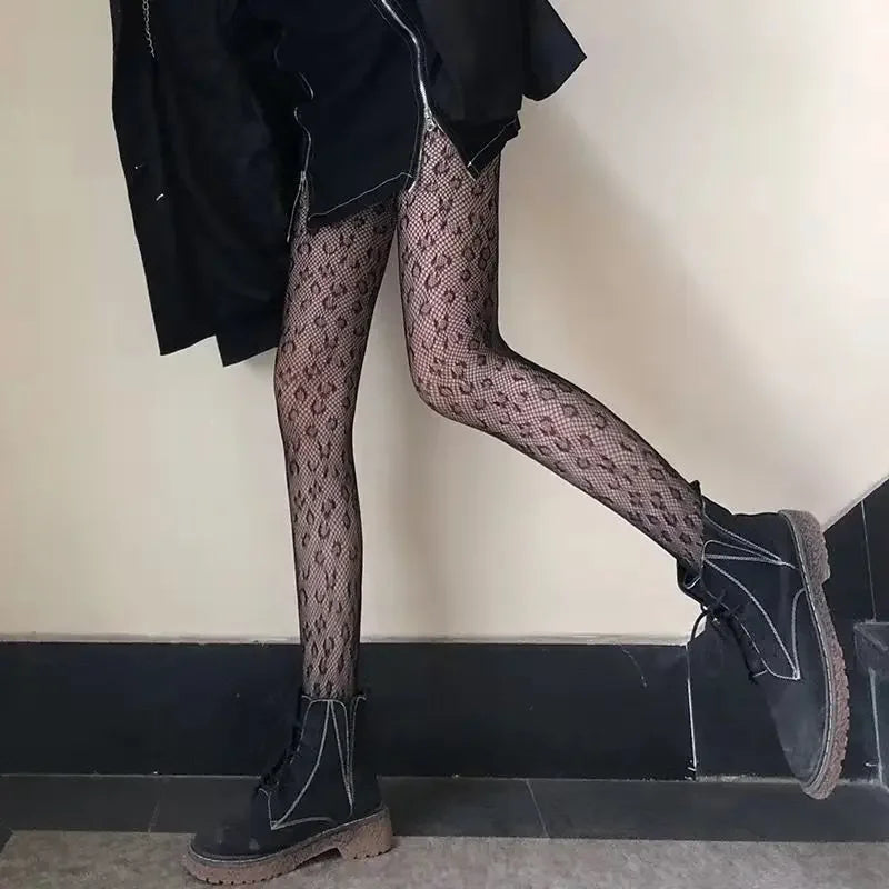 Gothic Tights Women Leggings Lolita Hollowed Out Mesh Body Stockings Japanese Bottomed Lace Pantyhose Skull Punk Black Hosiery