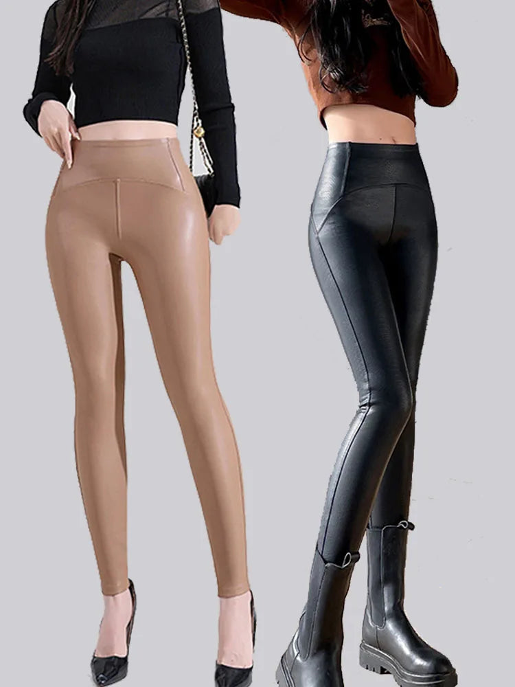 New Thin Fleece Pu Leather Leggings for Women Winter Autumn High Waist Pants Push Up Black Sexy Tights Stretch Fitness Leggings