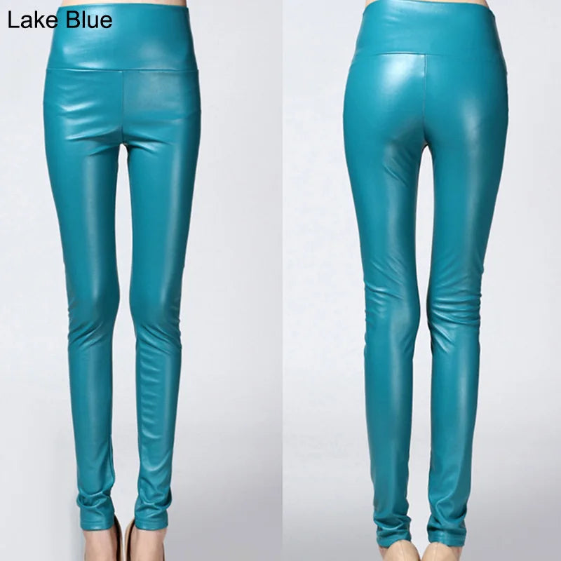 Autumn Winter Colorful Elastic Leggings Wearing Solid Color High Waisted Tight Leather Pants Plush And Thickened Pants For Women