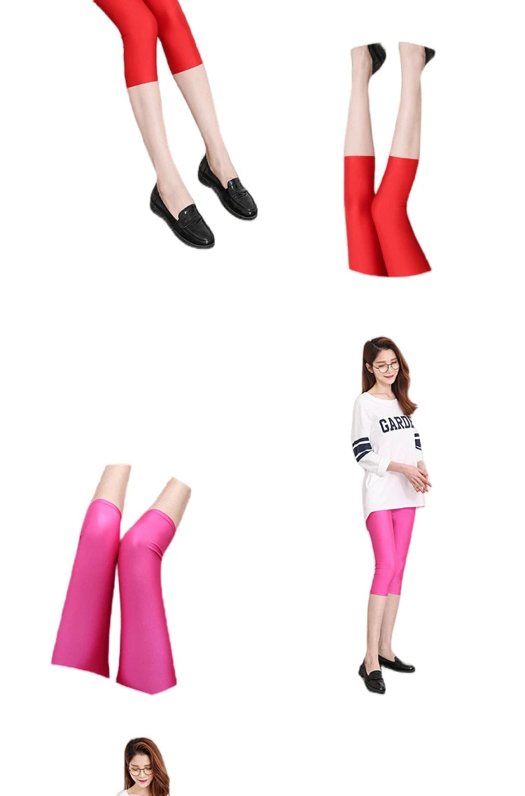 Women's Summer Fluorescent Color Slim Capri Leggings Shiny Stretch Tights Glossy Opaque Neon Leggings for Girls 50-80kg Weight