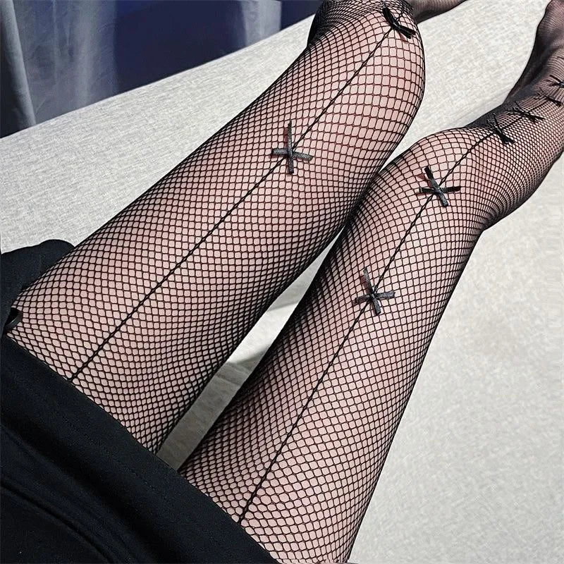 Sexy Lolita Bow Stockings Women Transparent Mesh Fish Net Long Socks Punk JK Black White Slimming Pantyhose Female Tight Legging