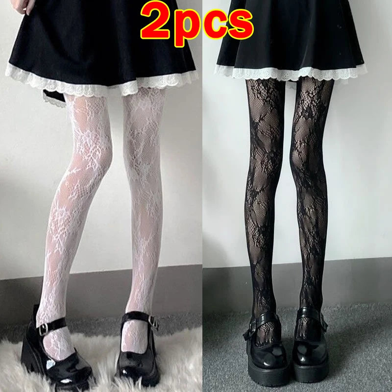 Black White Lace Flower Stockings Women Sexy Floral Rattan Leggings Gothic Mesh Hollowed Pantyhose Hosiery Female Fishnet Tights