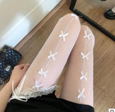 Sexy Lolita Bow Stockings Women Transparent Mesh Fish Net Long Socks Punk JK Black White Slimming Pantyhose Female Tight Legging