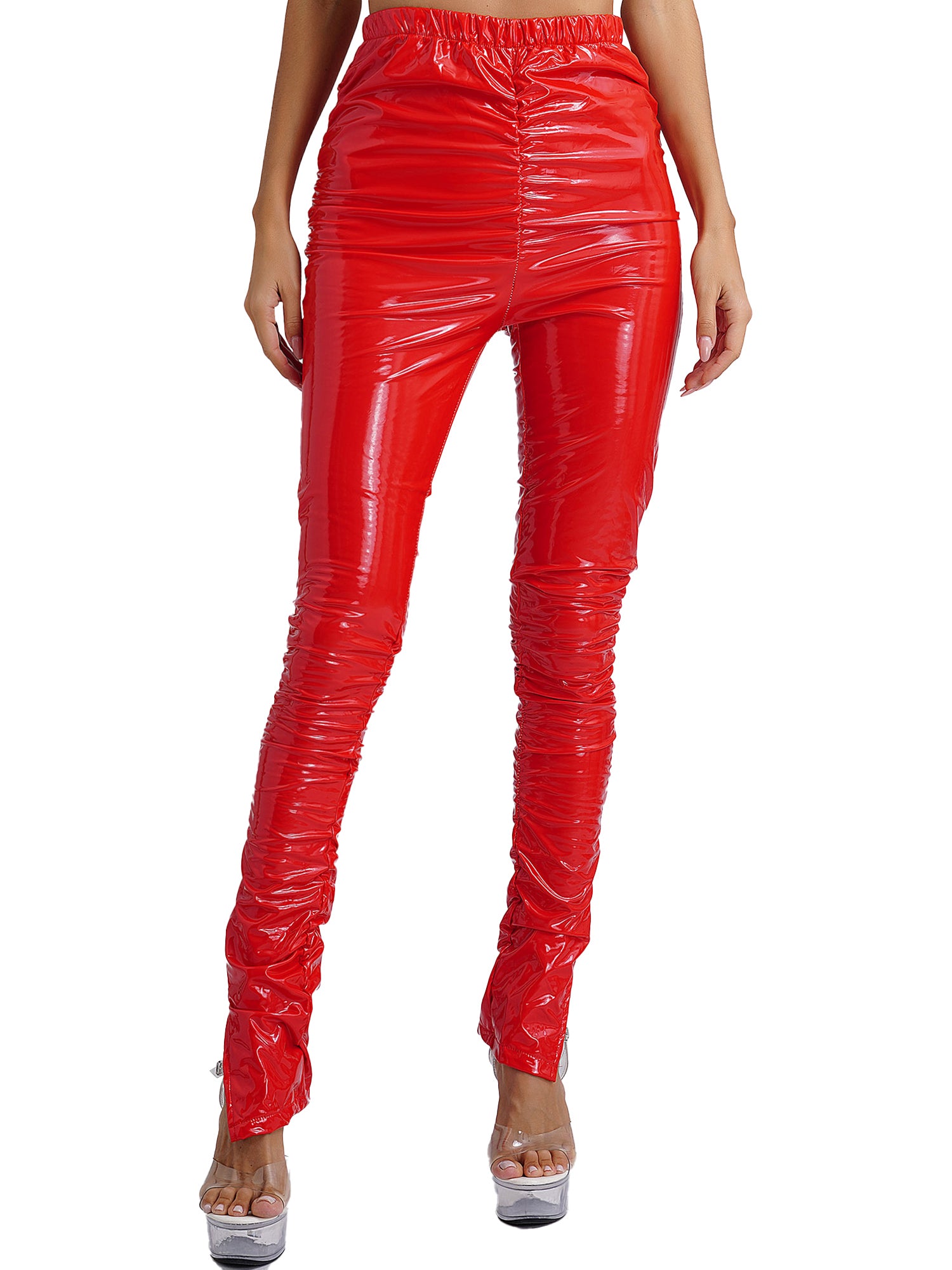 Womens Glossy PU Leather Long Pants High Waist Stacked Ruched Split Cuffs Tights Slim Fit Leggings for Nightclub Disco Dancing