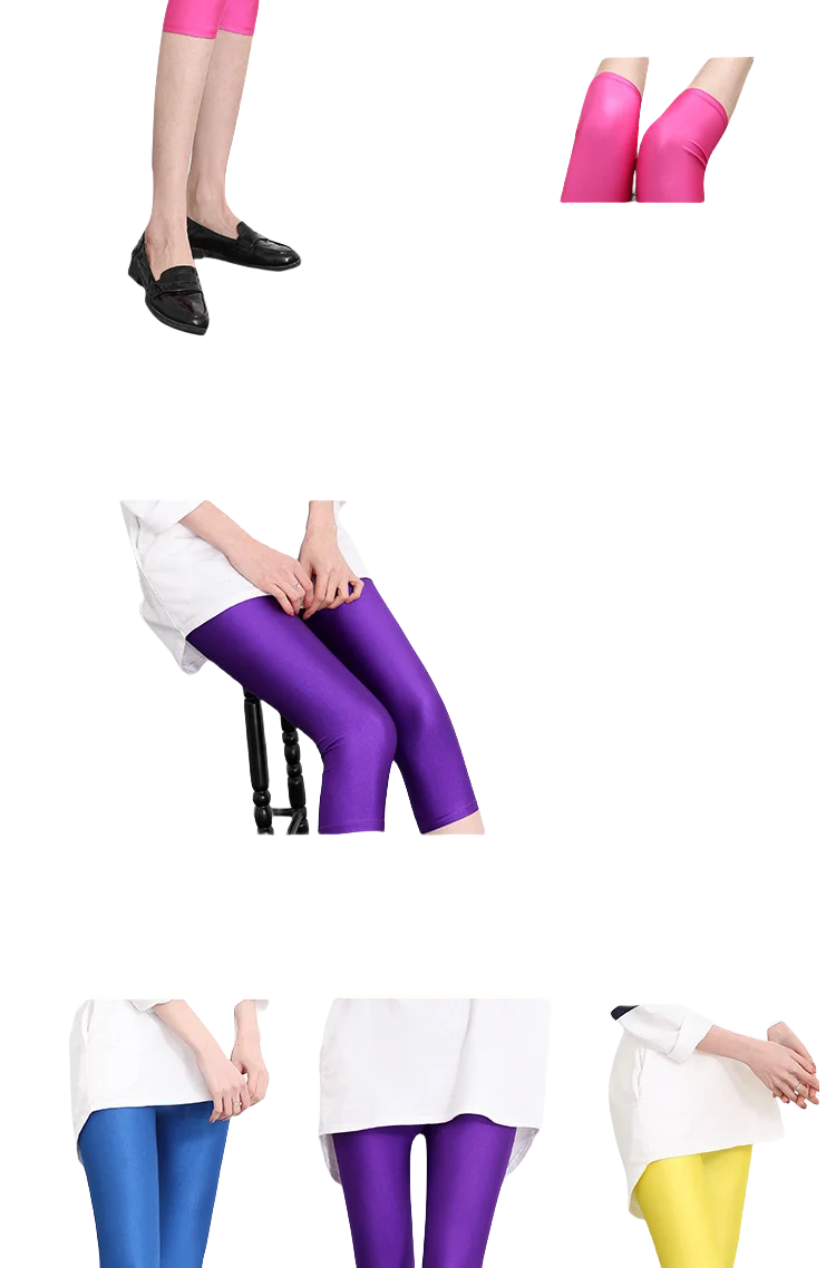 Women's Summer Fluorescent Color Slim Capri Leggings Shiny Stretch Tights Glossy Opaque Neon Leggings for Girls 50-80kg Weight