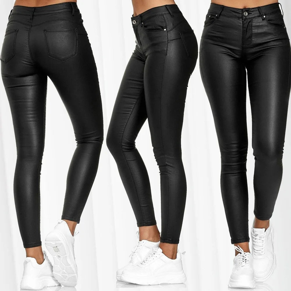 High Waisted Eleastic Solid Pu Leather Tight Hip Casual Pants Slim Leg Black Long Pants Pencil Trousers Women’s Legging Autumn