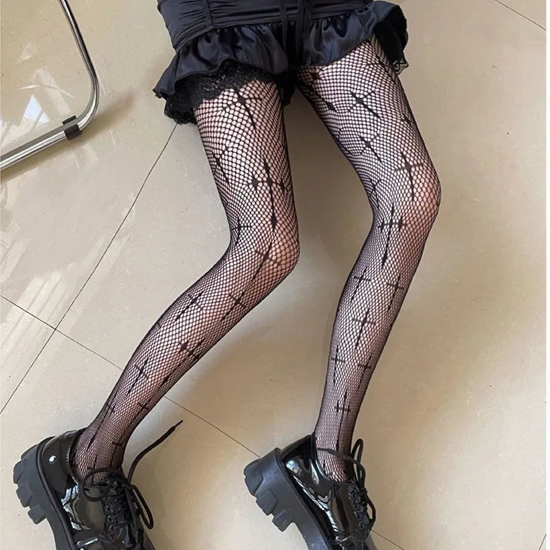 Gothic Fishnet Stockings Lolita Mesh Tights for Women Netting Stockings Y2k Pantyhose with Flower Pattern Leggings Sexy Lingerie