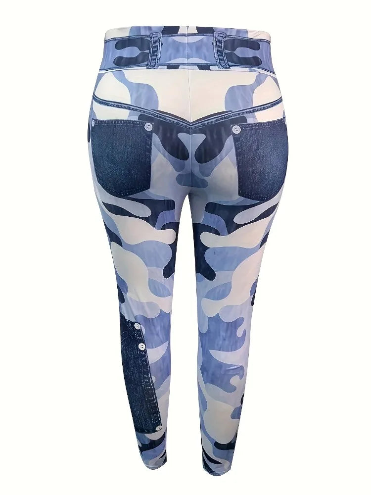 Women's Plus Size Leggings, Leggings, Artificial Denim High Waisted Slim Fit Printed Camouflage Pants