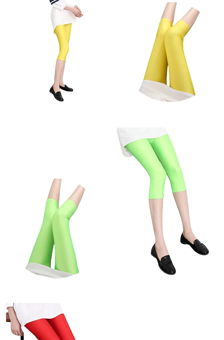 Women's Summer Fluorescent Color Slim Capri Leggings Shiny Stretch Tights Glossy Opaque Neon Leggings for Girls 50-80kg Weight