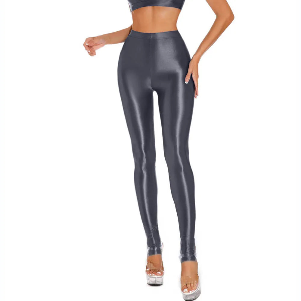 Glossy Shiny Stirrup Fitness Legging High Waist Leggings Women Athletic Yoga Pencil Pants Trousers Tights Sexy Collant Pantalon