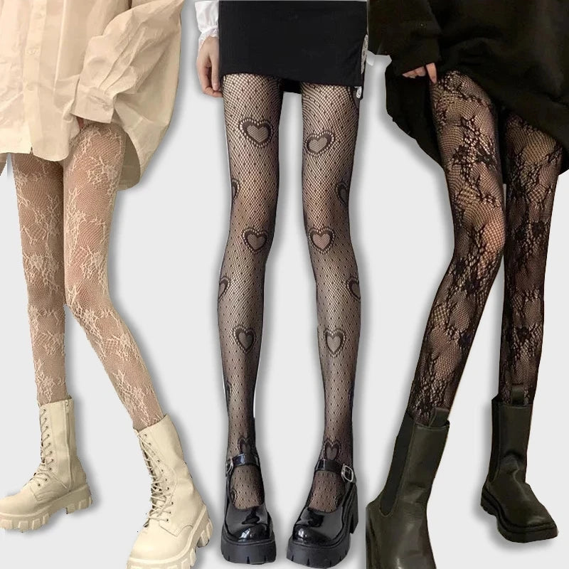 Gothic Fishnet Stockings Lolita Mesh Tights for Women Netting Stockings Y2k Pantyhose with Flower Pattern Leggings Sexy Lingerie