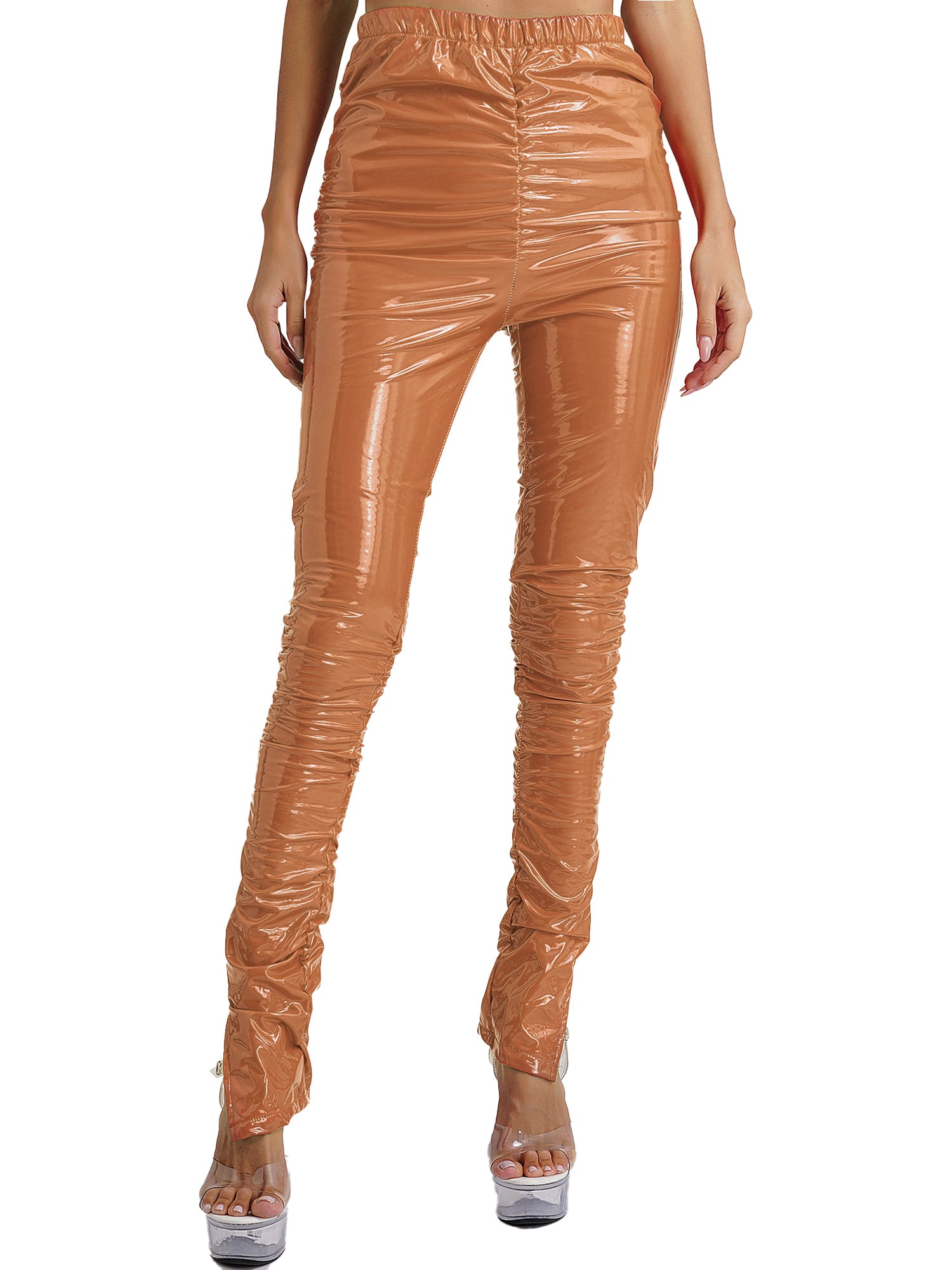 Womens Glossy PU Leather Long Pants High Waist Stacked Ruched Split Cuffs Tights Slim Fit Leggings for Nightclub Disco Dancing