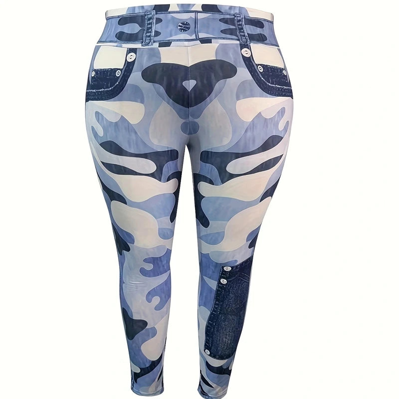 Women's Plus Size Leggings, Leggings, Artificial Denim High Waisted Slim Fit Printed Camouflage Pants