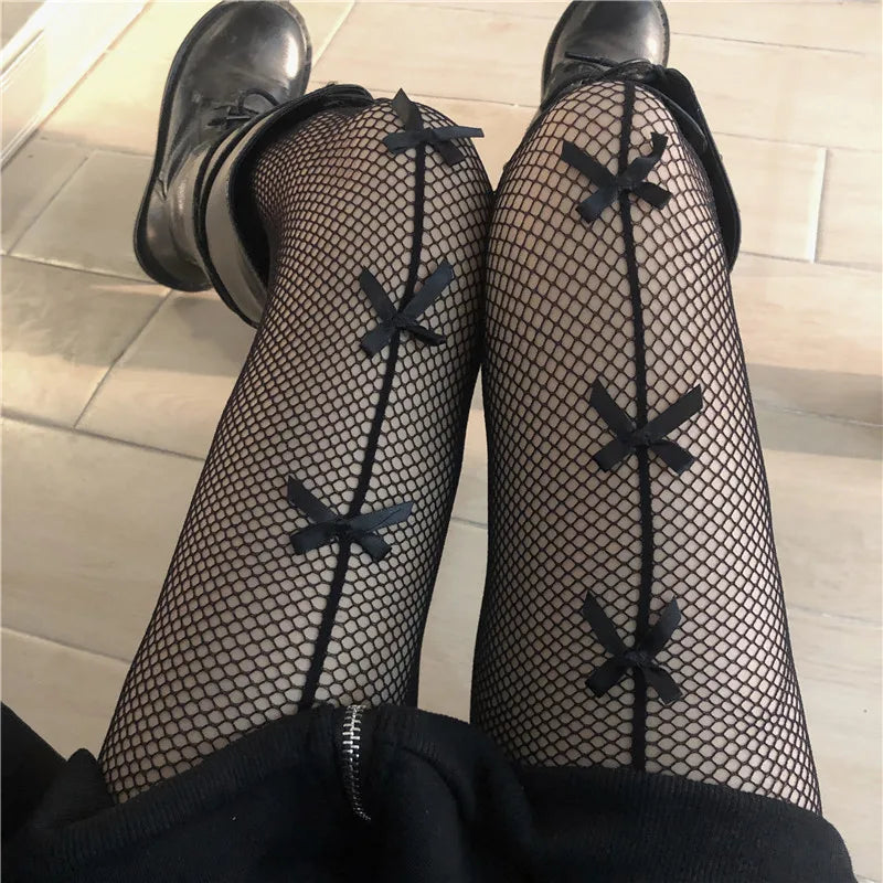 Sexy Lolita Bow Stockings Women Transparent Mesh Fish Net Long Socks Punk JK Black White Slimming Pantyhose Female Tight Legging