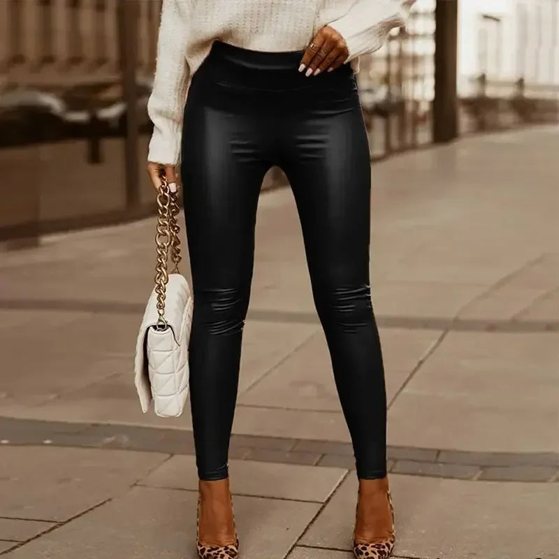 High Waist Stretch PU Trousers Women Black Matte Leather Slim Pencil Pants Chic Splicing Trousers Ladies Casual Leggings Custom